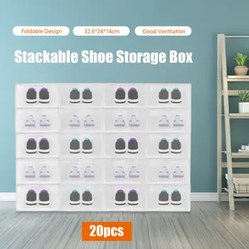 20 шт. Штабелируемый набор коробок для обуви Чехол для хранения откидной обуви Прозрачный контейнер Пластиковый дисплей Органайзер для кроссовок Прочный