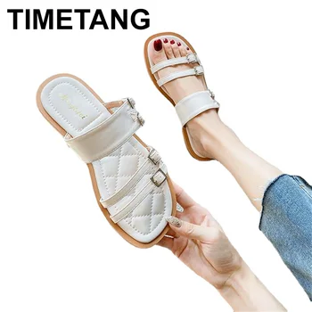 2023 Новые летние плоские тапочки с одним поясом для женщин Корейский модный бренд Дизайн Сандалии Повседневная уличная обувь41-43