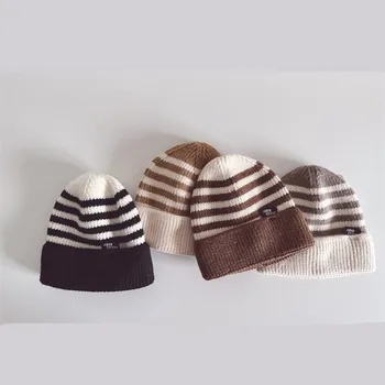 44-48 см Корейская вязаная шапка 2023 Baby Осень-зима Тепло Утолщенная полосатая вязаная шапка, универсальная для мальчиков и девочек, остроконечная вязаная шапка