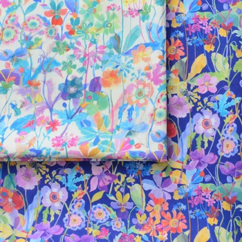 60S Хлопчатобумажная ткань Поплин Цветочные цветы Фаленопсис Принт для пошива одежды Платья белый синий на полметра