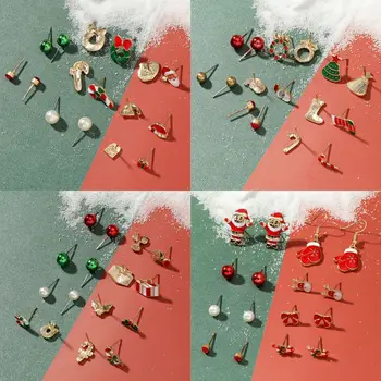 7 пар Рождественские серьги Набор для женщин и девочек Мода Новая красочная краска Имитация жемчуга Кристалл Снеговик Санта-Клаус Серьга