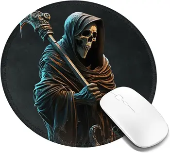 Grim Reaper с ковриком для мыши Scyth Skull Противоскользящие резиновые круглые коврики для мыши с прошитым краем для дома Подарки Офис 7,9 X 7,9 дюйма
