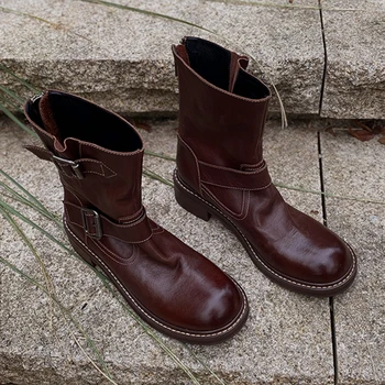 Heihaian Western Boots 2023 осень/зима Новая мода в стиле ретро Ботильоны Ремень Пряжка Украшение Круглый носок Сапоги Женщины