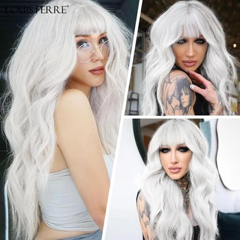 LOUIS FERRE Длинные волнистые белые синтетические парики для белых женщин Натуральные волнистые волосы с челкой для косплея Ежедневное использование Термостойкий парик