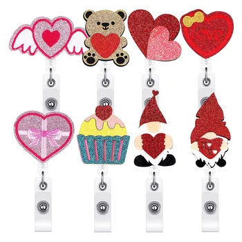 Love Bear Glitter Nurse Badge Reel Выдвижной держатель для значков ID с вращающимся на 360 градусов зажимом из кожи аллигатора Держатель имени День святого Валентина