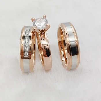 Luxury Его и ее 3 шт. Дизайнерские обручальные кольца Наборы Пары 24-каратное розовое золото Покрытые драгоценности