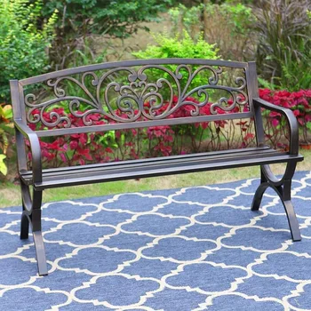 MFSTUDIO 50-дюймовая садовая скамейка на открытом воздухе, чугунная скамейка с металлическим каркасом и спинкой с цветочным рисунком, арочные ножки.