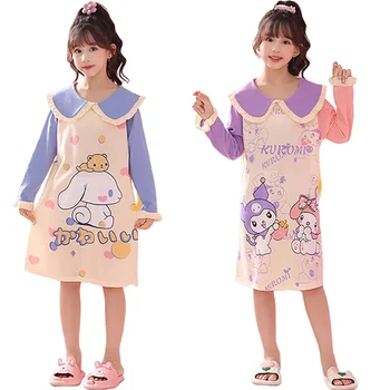 Sanrio Kuromi My Melody Cinnamoroll Детская ночная рубашка Аниме Пижамное платье с оборками и воротником С длинными рукавами Хлопок для девочек Домашняя одежда для сна