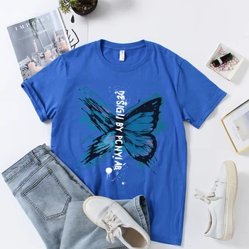 Seeyoushy Синяя футболка с принтом бабочки Женская летняя футболка с коротким рукавом Femme Повседневная уличная одежда Одежда для женщин Футболки