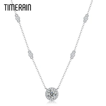 Timerain 1CT Муассанит Кулон для женщин 925 пробы Стерлинговое серебро Сверкающее бриллиантовое ожерелье Halo Свадебные украшения для помолвки