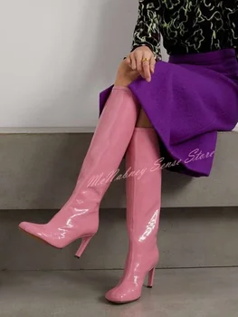 Блестящие розовые сапоги до колена Solie с круглым носком Тонкие высокие каблуки Задняя молния Новый стиль Сапоги Женщины Сексуальная обувь Зимняя вечеринка Дизайнер