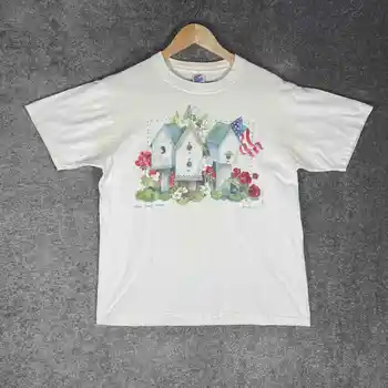 Винтаж Птичий домик Цветы Американский флаг Бабушка Белая Взрослая Средняя футболка с длинными рукавами