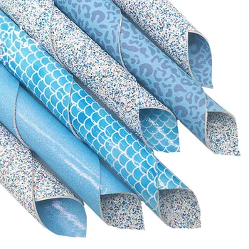Двухсторонняя кожа синего цвета с блестками, сочетающаяся с искусственной кожей Leopard Mermaid Shimmer Glitter для рукоделия 8,2 