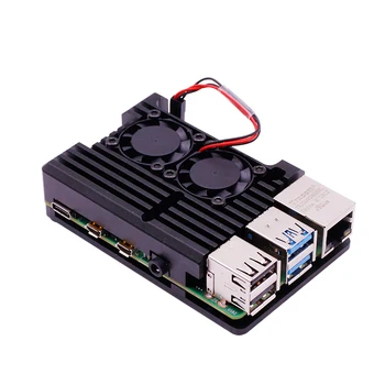 Для Raspberry Pi 4 Model B Корпус из черного алюминиевого сплава + двойной вентилятор охлаждения Поддержка передачи сигнала WIFI / Bluetooth