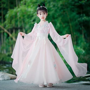 Древний костюм для девочек Супер Фея Розовая Принцесса Юбка Ханьфу Китайское платье Детский национальный стиль Улучшенный костюм Тан Лето