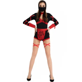 Женский костюм ниндзя Женщины Хэллоуин Японский убийца Тедди Комбинезон с капюшоном Черное нижнее белье Косплей Маскарадное платье