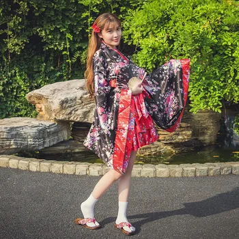 Женщины Кимоно с принтом сакуры с платьем Оби Лолита Дамы Гейша Японская Исполняющая Хаори Юката Горничная Униформа Косплей Костюм