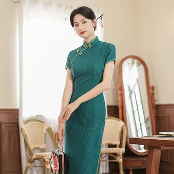 Зеленое кружево Женщины Cheongsam Платье Винтаж Плюс Размер Китайская Традиционная Мода Летние Платья Повседневное Платье Qipao M To 4XL