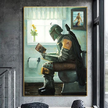 Картина на холсте Звездные войны Боба Фетт Чтение книги о туалете Плакат и печать настенных картин для украшения гостиной
