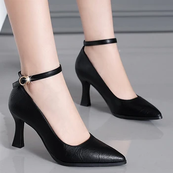 Классические черные туфли на тонком каблуке Женщины с острым носком Ремешок на лодыжке Обувь на высоком каблуке Женская офисная обувь из искусственной кожи с мягкой подошвой