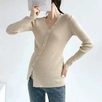 корейский свитер для беременных в корейском стиле Ранняя осень Новый нерегулярный V-образный вырез Уникальный универсальный высокоэластичный внутренний свитер Одежда для беременных