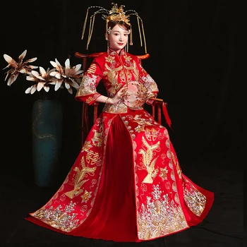 Красный Китайская Свадьба Невеста Чхонсам Традиционный Стиль Женский Платье Вышивка Длинная Qipao Женская одежда Размер S - XXL