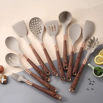Кухонная ложка и совок из натурального тика, деревянная лопатка, набор посуды с антипригарным покрытием для приготовления пищи с крючками для подвешивания, набор инструментов для посуды