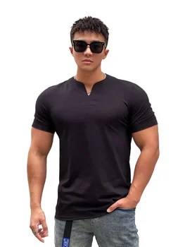 Летняя мужская одежда Новая мода Футболка с V-образным вырезом и коротким рукавом Мужская футболка Slim Fit Мужская хлопковая повседневная летняя футболка для фитнеса