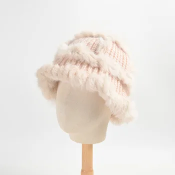 Новая однотонная зимняя шапка-ведро для женщин, теплая вязаная шапка в корейском стиле с натуральным мехом кролика
