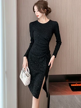 Осень-зима Черные пайетки Роскошные вечеринки Vestidos Женщины с длинным рукавом Облегающее платье миди 2023 корейское винтажное элегантное вечернее платье