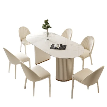 Современный мраморный овальный обеденный стол, бытовой, маленький, семейный, легкий, роскошный кремовый стиль, ресторанный стол и стул, комбинация
