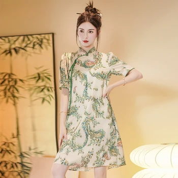 Современный улучшенный печатный короткий Cheongsam для женской одежды Китайский стиль Цветочное платье qipao Новый свободный шифон