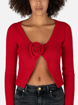 Шикарный 3D цветочный трикотажный свитер в рубчик кардиган с длинными рукавами однотонный V-образный вырез Y2k Slim Fit Укороченные топы Кнопки Уличная одежда